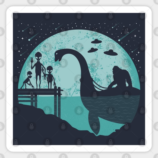 Bigfoot Riding Loch Ness Monster Sticker by Tesszero